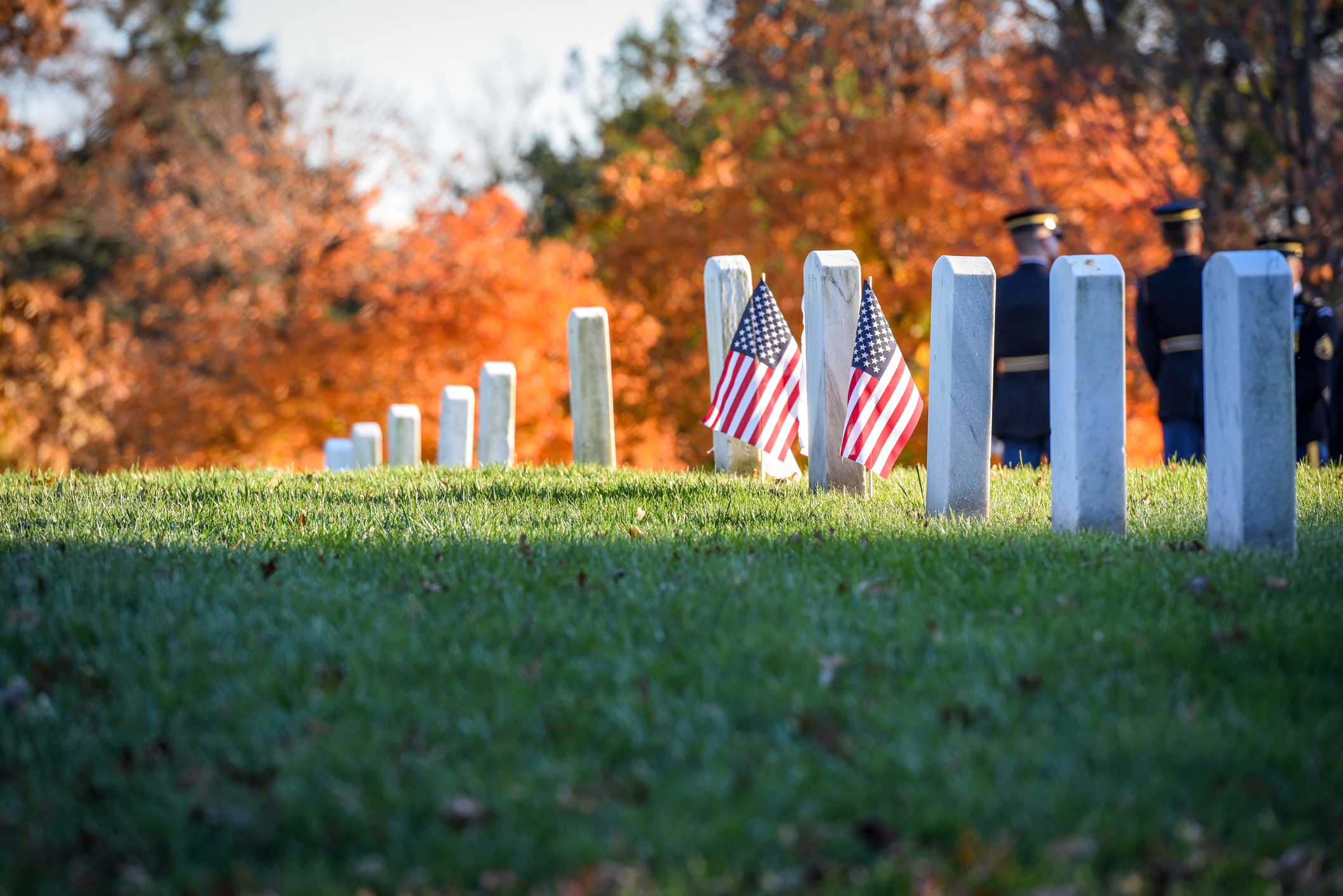 Gravestones of The Arlington National Cemetery during The Veteran's Day in United States in November, late autumn