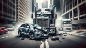 Semi collides with car in an urban setting